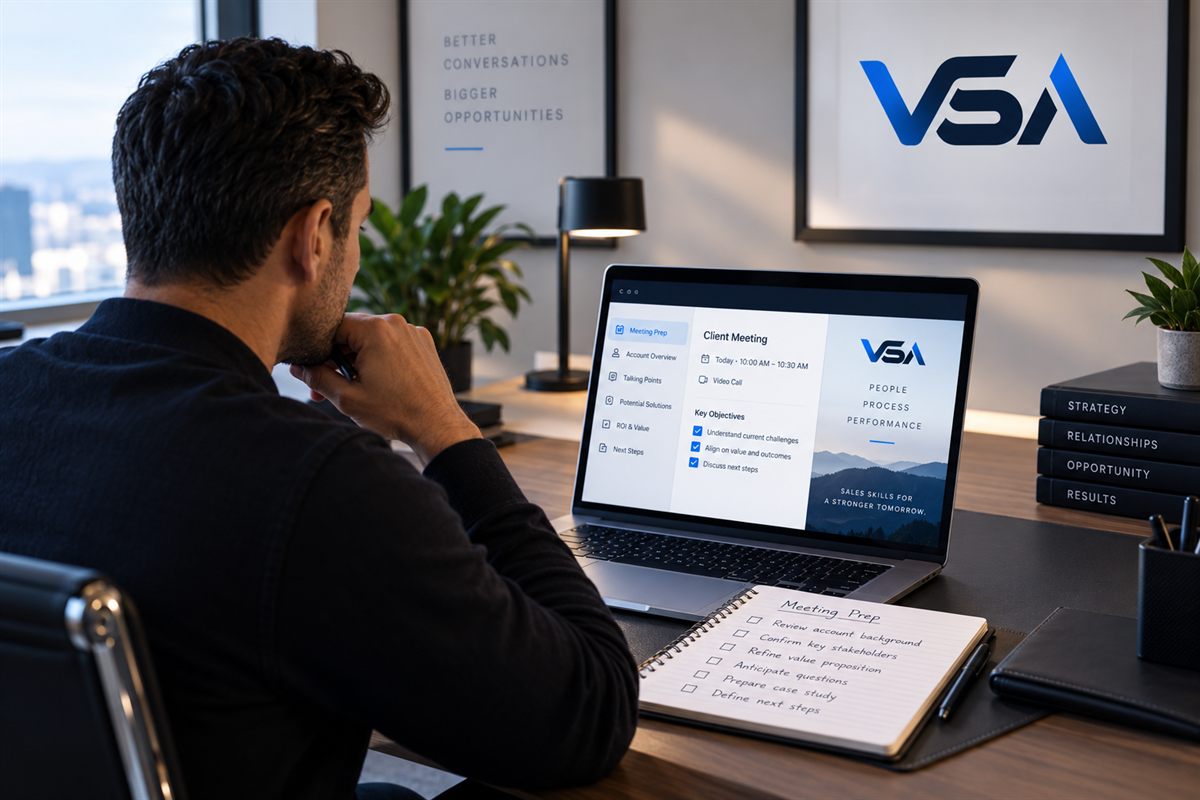A sales rep at a laptop working through a meeting-prep checklist before a customer call